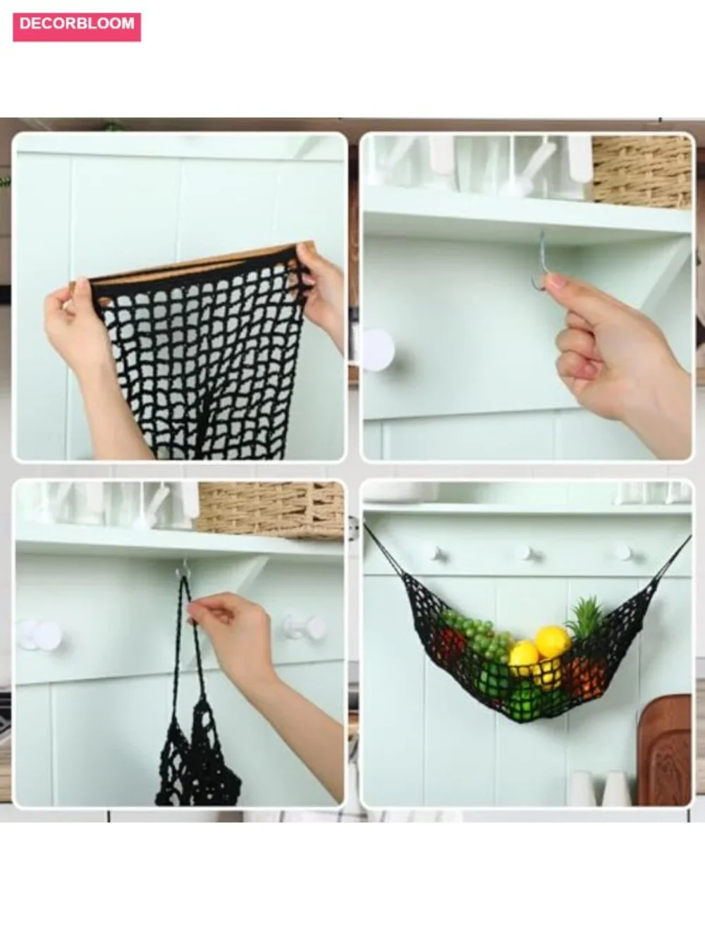 2 Pcs Large Macrame Fruit Hammock Under Cabinet Hanging Basket Handwoven